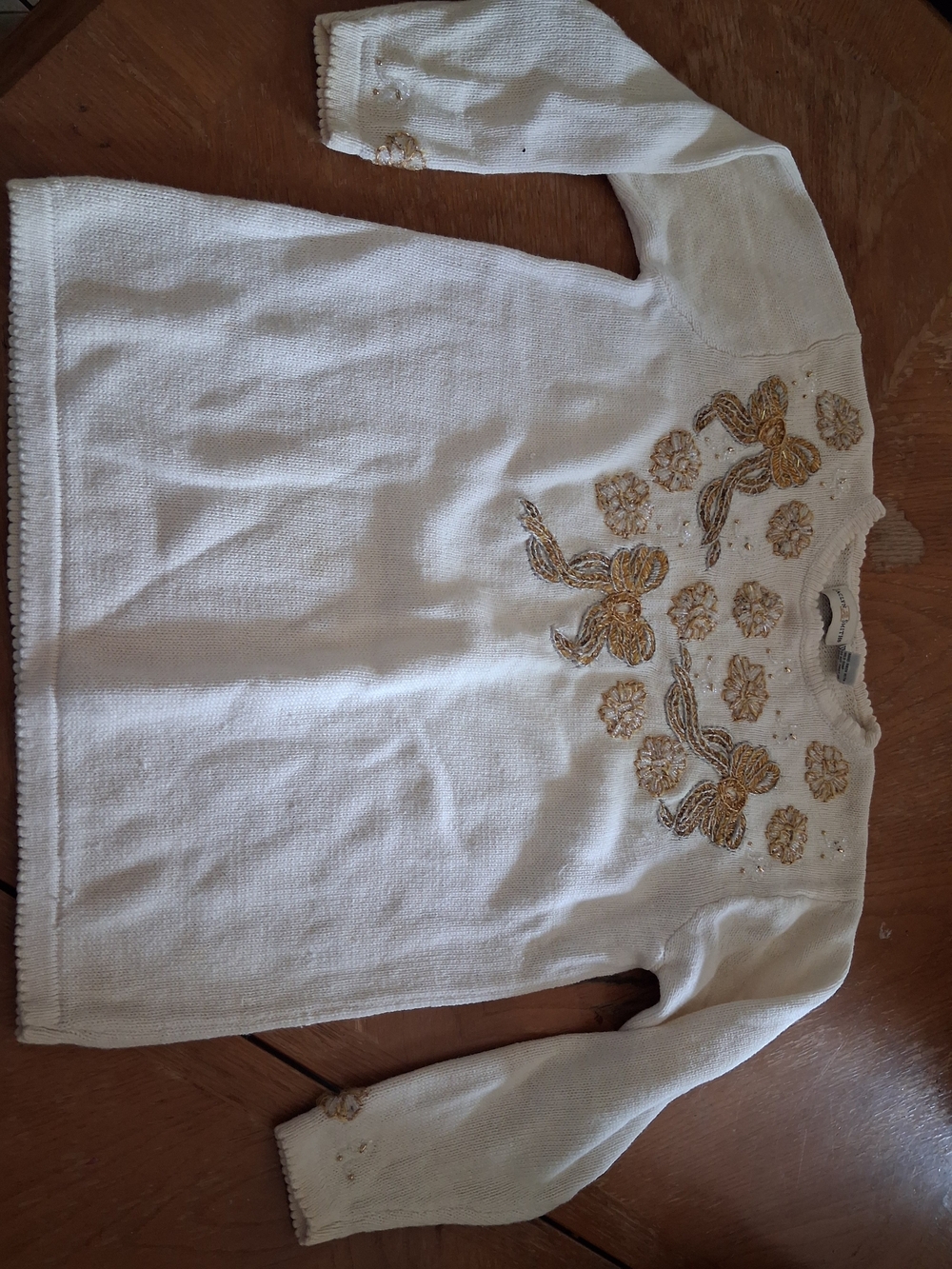Jaclyn Smith Cream Crewneck Sweater with Gold Embroidered Bows & Flowers